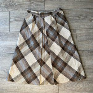 Vintage Wool Blend Plaid A Line Pleated Front Midi Skirt